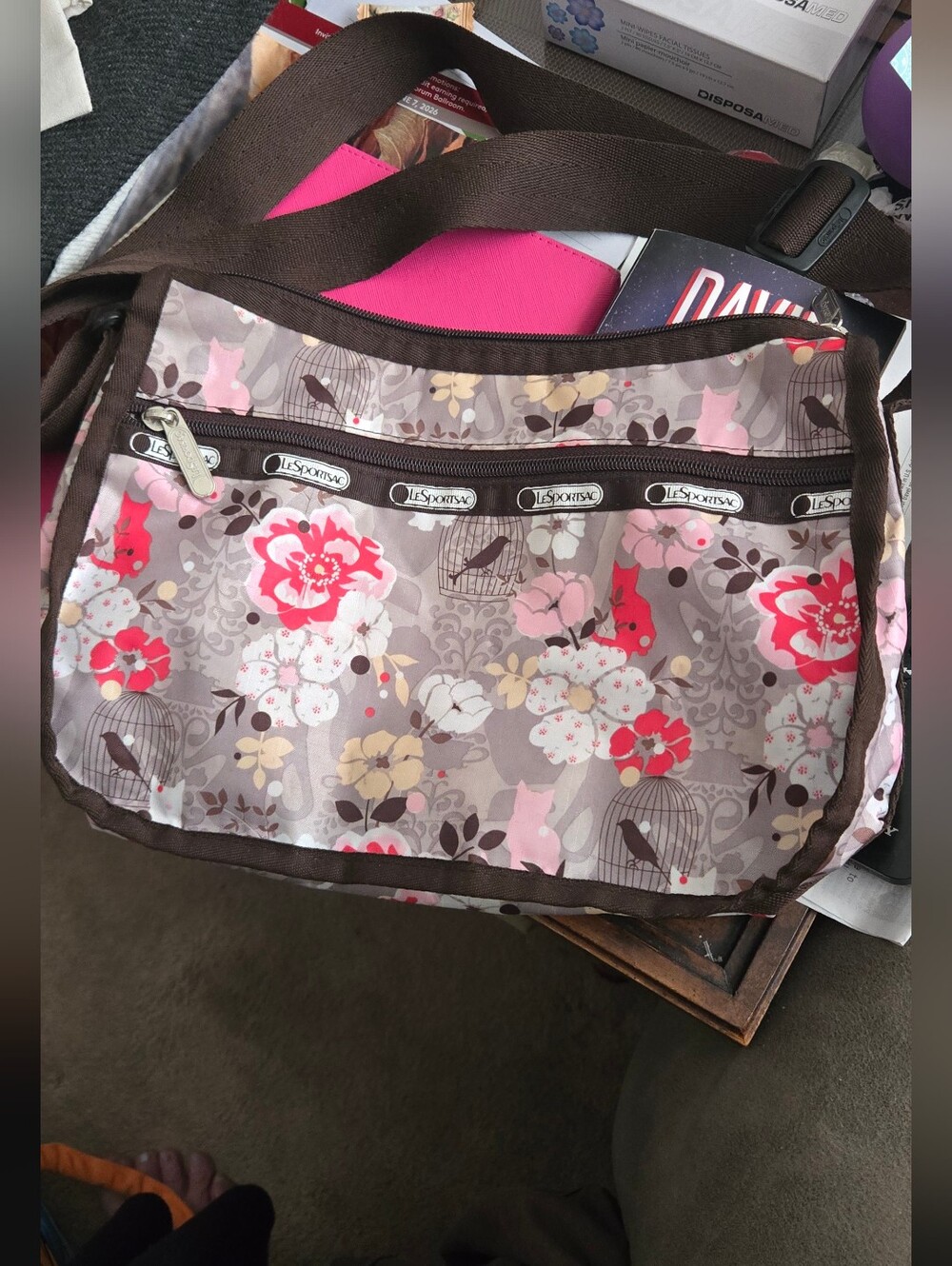 EUC Lesportsac Birds  Cats, and Flowers Crossbody